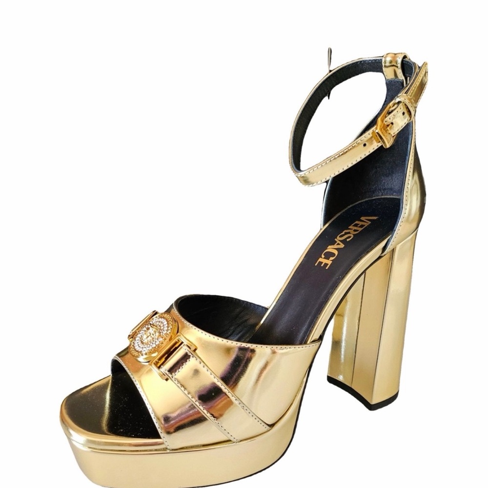 Versace Gold Block Heel Sandals - Picture 6 of 8